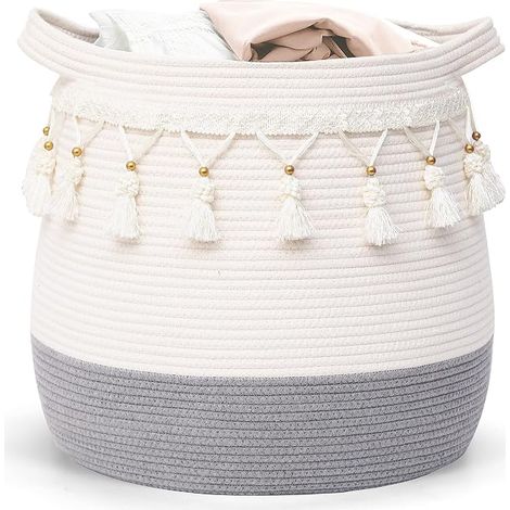 Cesto in corda di cotone, cesto contenitore intrecciato, cesto rotondo portagiochi, portabiancheria e portacoperte con maniglie per cameretta D45xH43CM Grigio chiaro