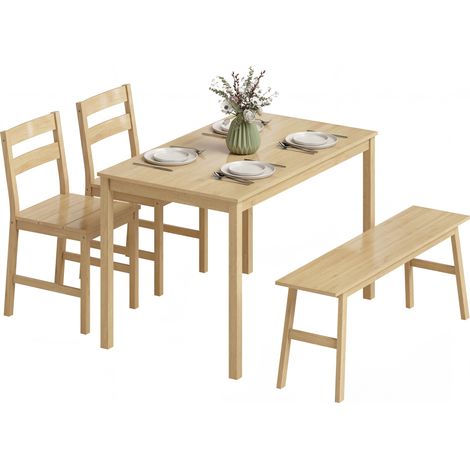 Essgruppe aus natürlichem Bambus: Esstisch + 2 Stühle und Bank, Sitzplätze für 4 Personen, umweltfreundliches Holz, rustikales Design, kompakte Möbel.