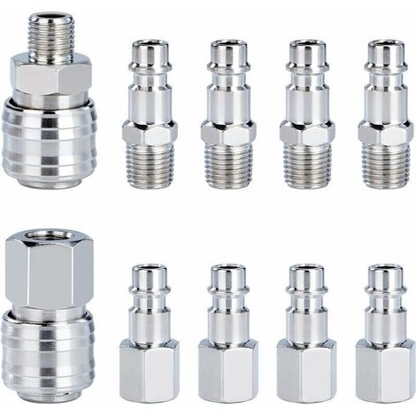 Raccord de Compresseur 1/4"BSP Raccord Rapide Air Comprimé Raccords pour Tuyau Compresseur Embout Pneumatique 10 Pièces- (1/5)