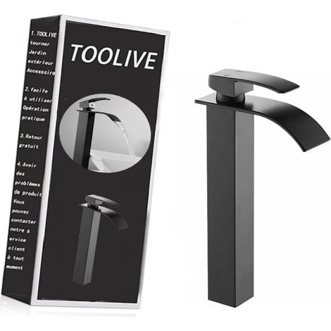 Robinet Lavabo Cascade - Bec Haut 252 mm - Trousse Monotrou 32-35 mm - Mélangeur Eau Chaude Froide à Levier Unique - Corps en Laiton - Finition Noir Mat (1/5)