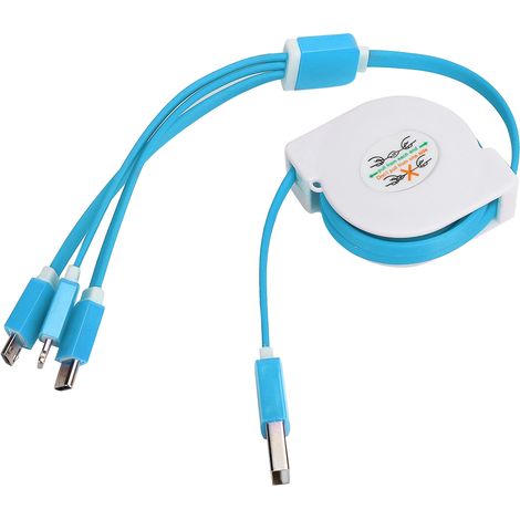 Câble USB rétractable 3 en 1 pour iPhone, Android et appareils Micro USB - Bleu (1/5)