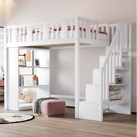 Cama alta infantil 90x200 cm blanca de madera con escalera y almacenaje (1/5)