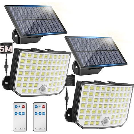 2 Pcs lampe Solaire Exterieur, 256 LED 3 modes, Câble de 5M ,Lampe Solaire Exterieur Detecteur De Mouvement étanche Eclairage Exterieur Solaire 180° Pour Jardin,Garage,Patio avec Télécommande (1/5)