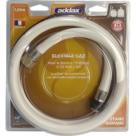 Tuyau flexible à gaz 150 cm – Caoutchouc – Filetage M20x1,5 – Norme NF D 36-112 – Raccordement réchauds et barbecues – Addax (1/4)