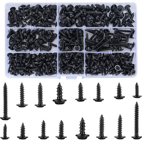 INHHUB 350 Pièces Vis Autotaraudeuses, Vis Autoforeuse Acier Carbone, Vis à Bois Noir, Kit Vis Tête Ronde, Vis Cruciforme Tête Plate pour Métal en Bois Souple - 8 Spécifications, Avec un Boîte Plastiq (1/5)