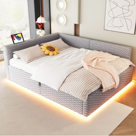 lit adulte rangement 140x200 velours gris LED coffre OKMYHOME (1/5)