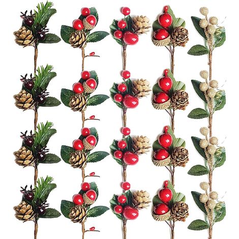 Weihnachtsblumen-Arrangement, 20 Stück, künstliche Tannenzapfen, Beeren-Stiele, Deko, Blumensträuße, Siehe Abbildung (1/5)