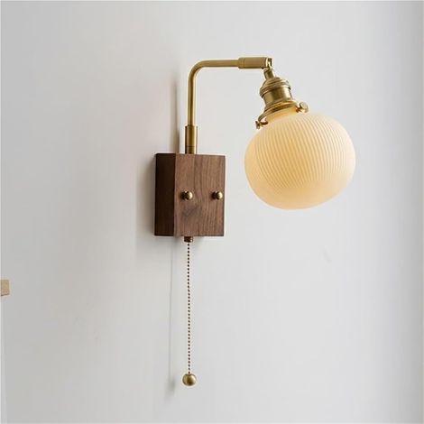 Lampe murale réglable pour chevet, éclairage de lecture orientable, avec source lumineuse, forme de bourgeon arrondie, abat-jour en céramique à rayures et interrupteur à tirette (1/4)