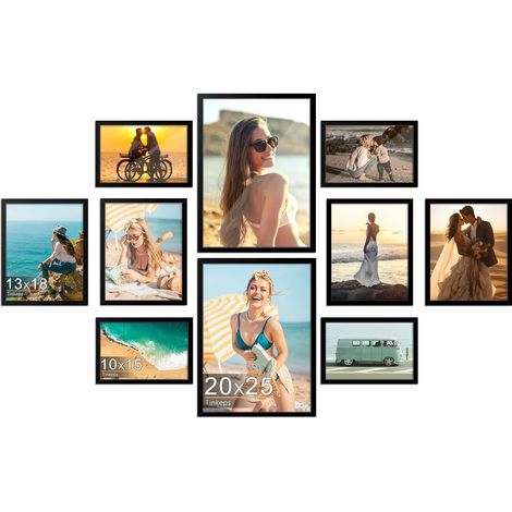 Lot de 10 cadres photo, noirs, pour 10 photos en 3 tailles, contient 4 cadres pour 10 x 15 cm, 4 pour 13 x 18 cm et 2 pour photos de 20 x 25 cm, parfaits comme présentoirs de table et (1/5)