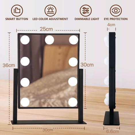 Schminkspiegel mit Beleuchtung, 25x30 cm Tischspiegel, 3 Beleuchtungsmodi per Touch-Sensor einstellbar, Metallrahmen, schwarz