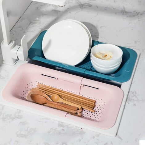 Confezione da 2 cestelli per filtro sopra il lavello, ripiano per filtro del lavello, ripiano portaoggetti multifunzionale, ripiano scolapiatti regolabile (1 verde, 1 rosa)