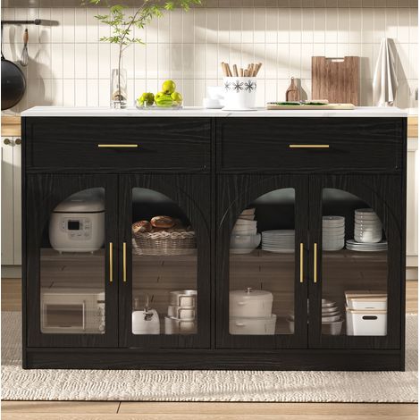 Isla de cocina independiente con LED, 2 cajones y puertas transparentes, 135x55x91 cm, negra (1/5)
