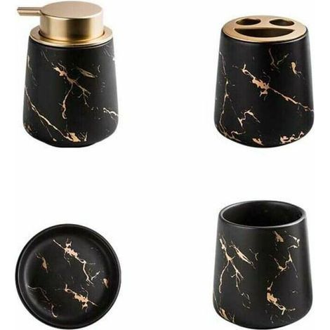 Set mit 4 Badezimmeraccessoires aus marmorierter Keramik – Seifenspender, Zahnbürstenhalter, Becher, Seifenschale – Mattschwarz, 12,5 x 8,5 cm (1/4)