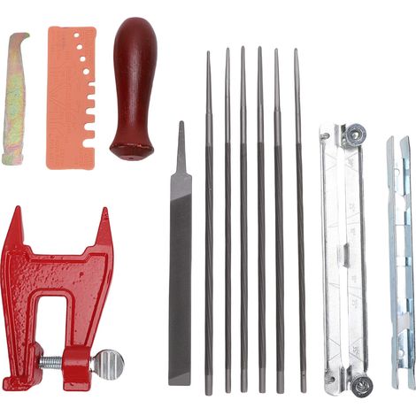 Juego de afilado para motosierra 14 piezas Limas redondas de acero (3–5,5 mm) con soporte y estuche Para trabajos de carpintería y mantenimiento (1/5)