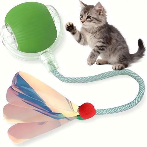 Jouets interactifs pour chats d'intérieur – Balle roulante automatique avec queue, jouet électrique pour chatons, balle intelligente (rechargeable par USB), jouet activé par le mouvement (vert) (1/5)