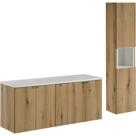 Set da bagno VANO effetto rovere e bianco 170cm: mobili sotto lavabo con armadietti + piano per lavabo + colonna