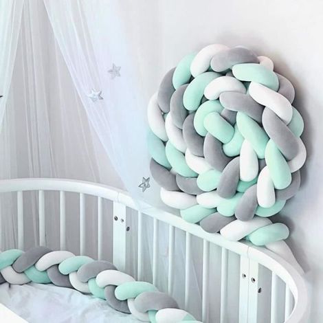 SY27623-3M Tour de Lit Coussin Serpent Coussin Tressé Pare-chocs Velours Protection Bébé (Blanc gris vert) (1/4)