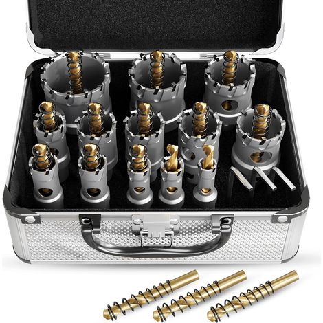 Ensemble de 19 scies cloches en métal, scie cloche en métal dur, ensemble de forets en métal dur TCT pour métaux robustes, avec pilotes en titane et clé en L, pour acier, fer, aluminium, métal (1/5)