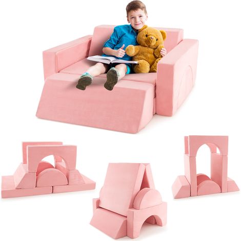 Canapé enfant modulable rose 8 pièces en suédine avec housses amovibles lavables et coins arrondis pour chambre et salle de jeux (1/5)