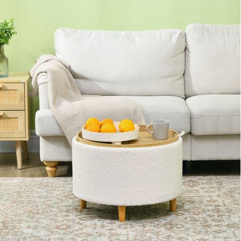 Puf de almacenaje redondo Ø56 x 42 cm con tapa abatible, patas de madera, blanco HAVRYA (1/5)