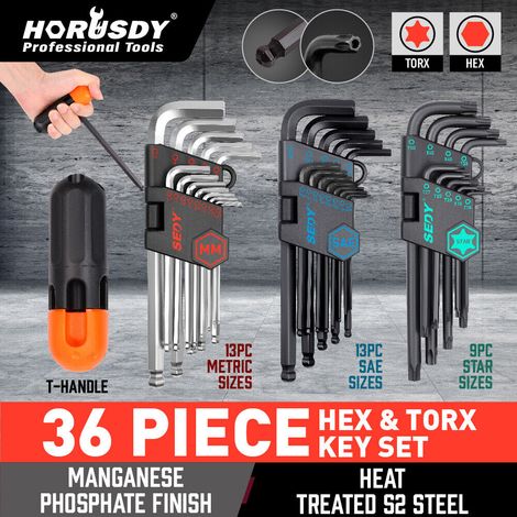 Jeu de 36 clés Allen et Torx hexagonales de sécurité, embouts sphériques, métriques et SAE, longues (1/5)