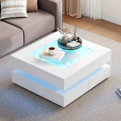 Tavolino quadrato 70 x 70 x 35 cm, piano in vetro temperato, 3 cassetti, illuminazione a LED controllabile tramite app, laccato bianco (1/5)
