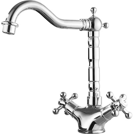Robinet de cuisine à double poignée en croix, d'évier en laiton à montage sur plage, monotrou, robinet d'eau chaude et à eau froideo (argent, court) (1/5)