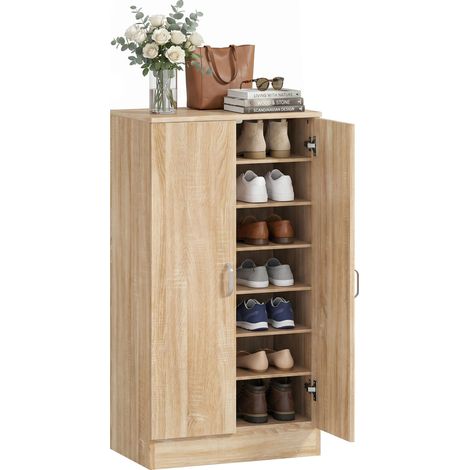 Schuhschrank mit 2 Türen, 6 verstellbare Regalböden, Soft-Close-Scharniere für 14 Paar Schuhe, Naturholz (1/5)