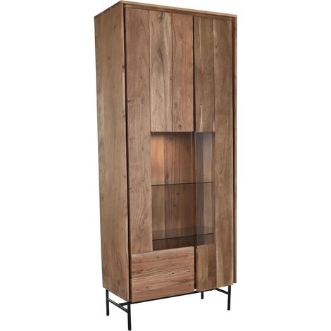 Vitrine chic en acacia avec verre élégant - Chocolat profond effet boisé (1/5)