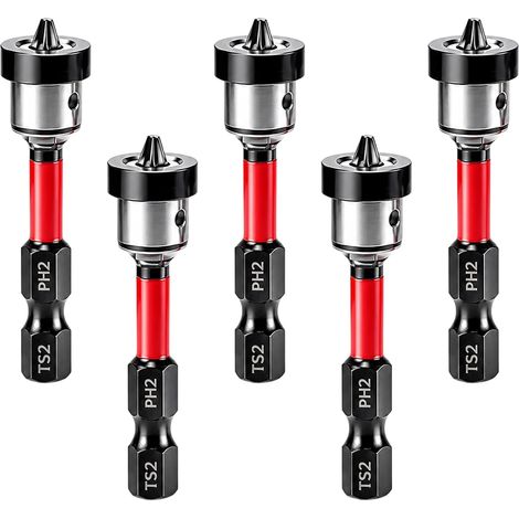 Lot de 5 embouts ph2 magnétiques 1/4" pour 50 mm acier Cr-V, compatible visseuse placo et perceuse, embout placo visseuse, vissage précis plaques de plâtre cloisons sèches (1/5)