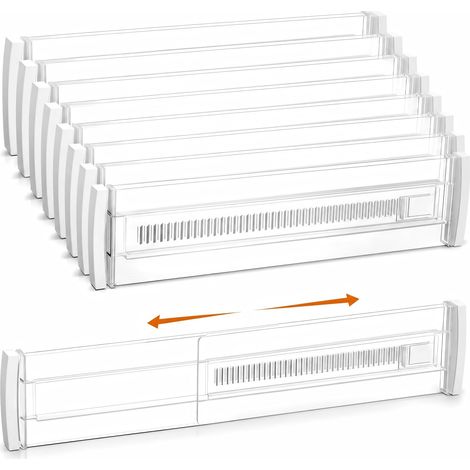 Lot de 8 Separateur Tiroirs Cuisine, Séparateur de Tiroir Réglable(30-52cm) Extensible Organisateur Tiroir pour Vêtements, Chambre, Cuisine, Salle de Bain, Commodes, Maquillage, Bureau, Transparent (1/4)