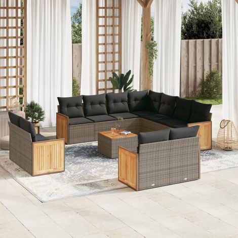 Ensemble Salon de Jardin Modulaire 12 Places Gris Résine Tressée avec Coussins et Table en Acacia (1/3)