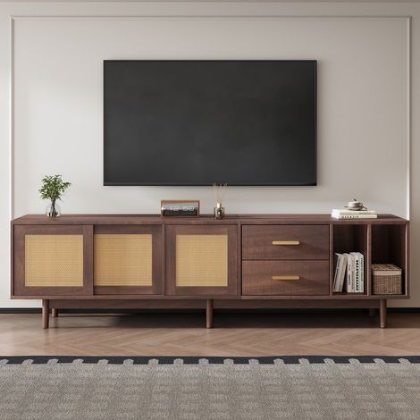 Meuble TV lowboard rotin/MDF 190x40x52cm, 6 pieds, tiroirs, multifonction, pour TV 75", rangement salon design (1/5)