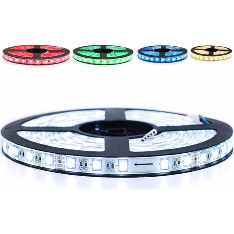 Kit de cinta profesional 5050 - 60 leds/m - 5 m RGBW (blanco frío) a prueba de salpicaduras (IP65) con controlador y transformad  Longitud: 5 metros - Transformador: Fuente de alimentación incluida - 