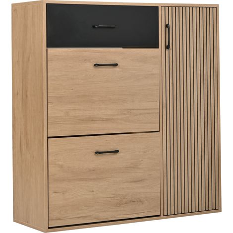 Zapatero slim con 2 puertas abatibles, 1 cajón y 5 compartimentos, 100x35x106 cm, natural negro (1/5)