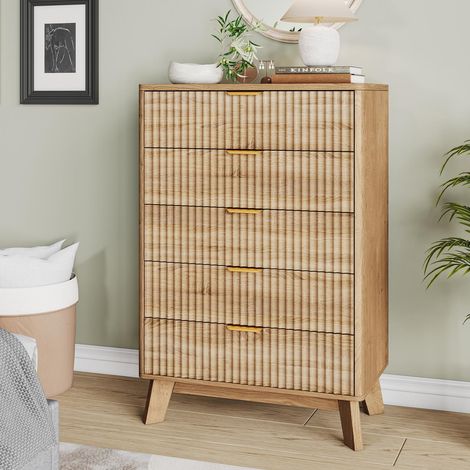Hochkommode 73x40x108 cm mit 5 Schubladen und goldfarbenen Griffen, Art-Déco-Stil, MDF & Kiefer, Natur