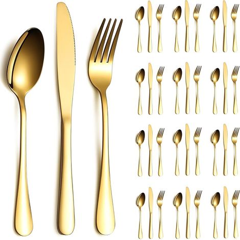 36-teiliges goldenes Besteckset für 12 Personen, Messer, Löffel und Gabeln aus Edelstahl, ideal für Hochzeiten, Partys, Veranstaltungen, Zuhause und als Geschenk zu Thanksgiving. (1/5)