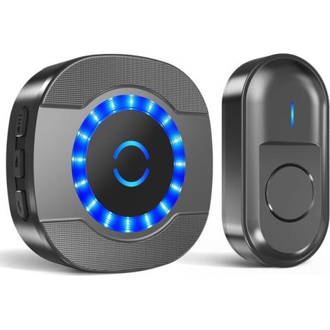 NoirSonnette sans Fil Exterieur Étanche, 300M Sonnette Longue Portée avec Récepteurs Enfichables, Carillon Electronique Kit pour la Maison, LED Bleu, 55 Mélodies, 5 Niveaux Volumes (1/5)