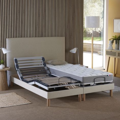 Ensemble lit électrique relaxation multi lattes + Matelas Mousse 35HR Couleur Beige 2x80 x 200 (1/5)