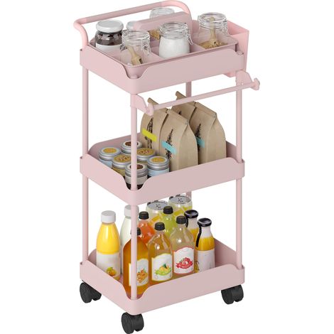 Chariot utilitaire à 3 niveaux, chariot de cuisine avec paniers amovibles et porte-serviettes, rose