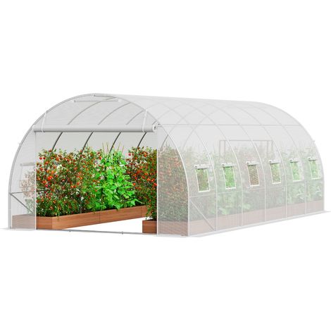 Serre Tunnel Jardin, 590x295x198 cm, Tente Abri Plantes avec Cadre en Acier Galvanisé, Couverture en PE Blanche, Porte à Glissière Enroulable, 12 Fenêtres, pour Extérieur Cultiver Légumes Fleurs (1/5)