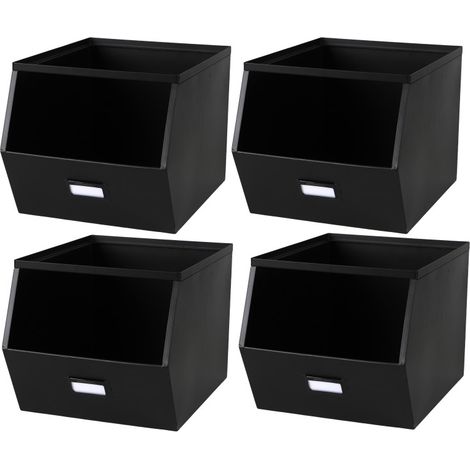 Lot de 4 bacs de rangement métal superposables avec porte-étiquette - Noir - Livraison gratuite (1/2)