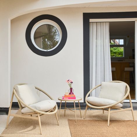 Set de 2 fauteuils de jardin avec table acier et rotin beige. 79x92x79cm - Narola (1/5)