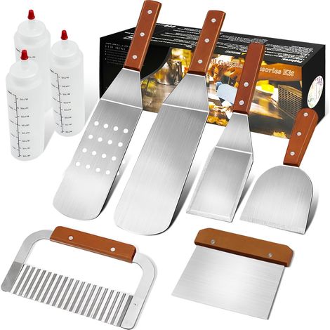 9Pcs Ensemble Spatule Plancha Accessoires Set, INOX Barbecue Kit BBQ Plaque Teppanyaki Outils pour Griller, Cuisson à Plat, Plaque Chauffante (1/5)
