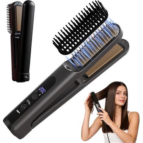 Hair straightener - 2-in-1 ionic comb - Styling comb - Four temperature settings - Ceramic - Heated comb - Suitable for short hair - Women's - Portable - Black (1/5)