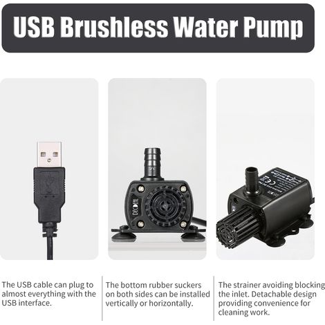 Pompe Submersible Mini Brushless DECDEAL USB 5V DC Ultra-quiet Aquarium Fontaine Circulation 150L/H 1.2W IP68 Noir avec Filtre Pour Systèmes Hydroponiques (1/5)