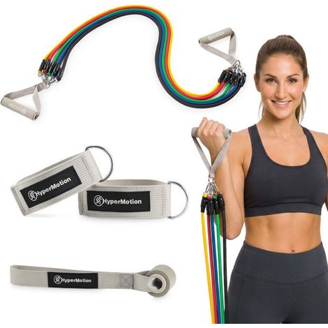Set di bande di resistenza - HYPERMOTION - Kit 5 tubi - Lattice - Resistenza 4,5–45 kg - Ancoraggio per porta e accessori (1/5)