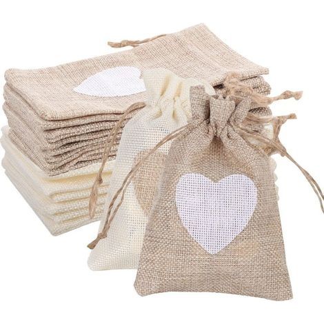 20pcs Sachets en Toile de Jute, Pochettes Sachets en Lin avec Motif de Coeur Petit Pochette avec Cordon pour Stocker Bonbons Bijoux Artisanat Anniversaire Noël (10 x 15cm) (1/5)