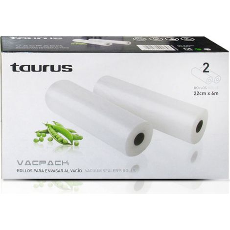 TAURUS - PACK SACS POUR MACHINE SOUS VIDE, 2 ROULEAUX DE 22 CM X 6 MÈTRES, POUR LA CONSERVATION DES ALIMENTS, S'ADAPTE SUR MESUR (1/2)