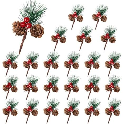 Lot de 24 pommes de pin avec tiges de baies rouges pour couronne de Noël, pommes de pin artificielles pour décoration, artisanat de Noël, pommes de pin, décorations de Noël, baies rouges (1/5)